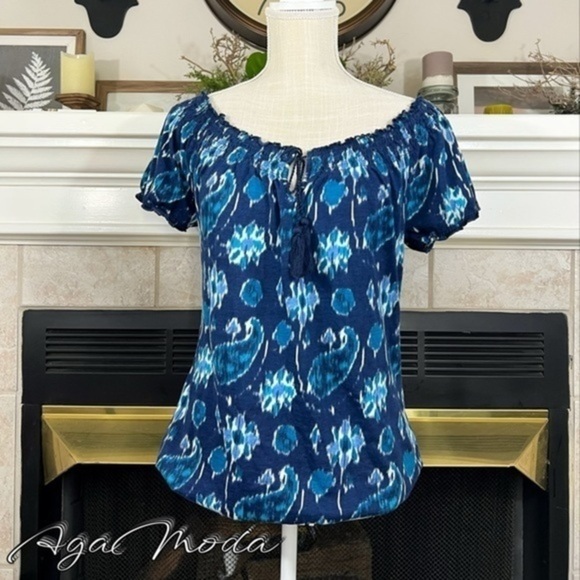 Lucky Brand Blue Top with Elastic Neckline and Tassel Ties - Picture 2 of 11